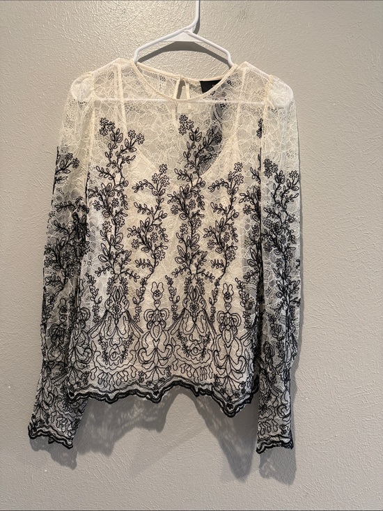 Rain Tops - Rain Lace Blouse with Black Floral Embroidery.PTP 20”. Length 24”
